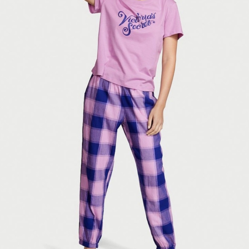 Victoria's Secret Pink and Blue Pajama Set with Short Sleeve Top and Plaid Pants